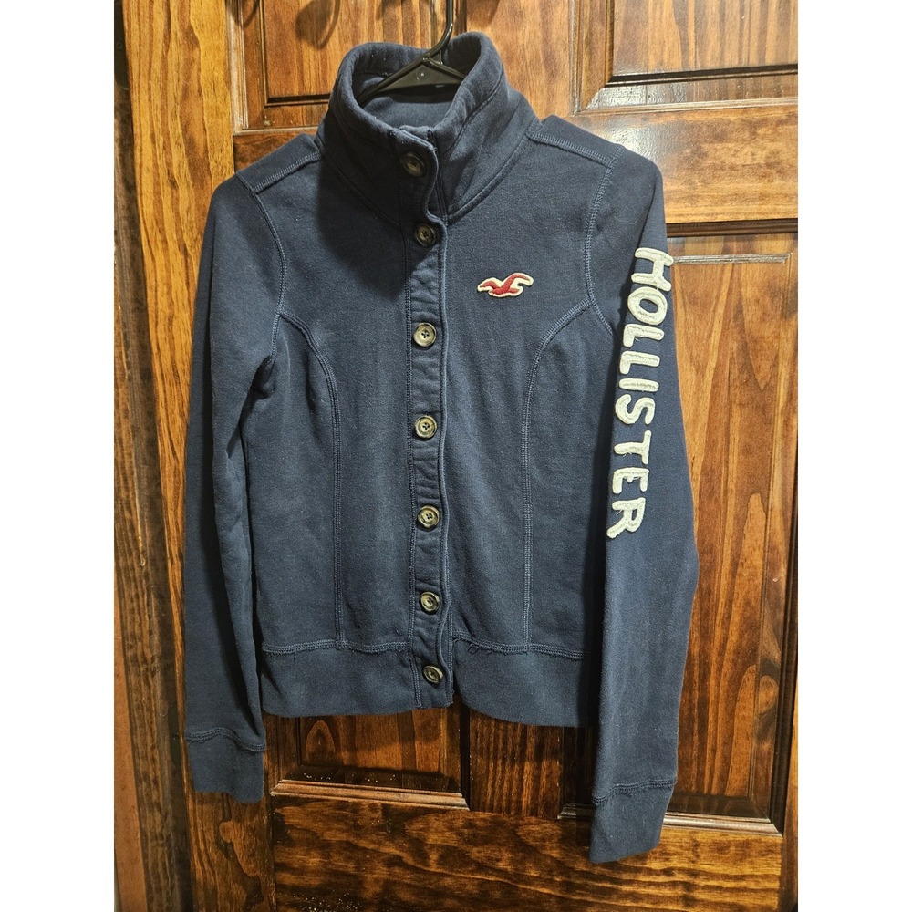 Hollister Small Vintage Y2K Button Up Jacket Sweater Logo Navy Blue Fleece S